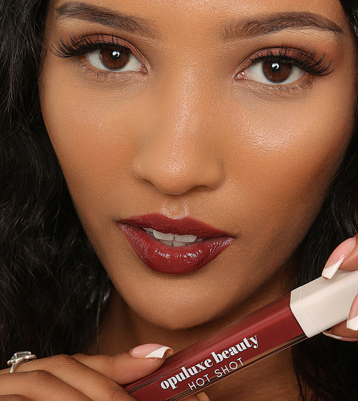 hot shot Haute lipgloss raisin sangria shade creamy pigmented non-sticky Opuluxe Beauty®